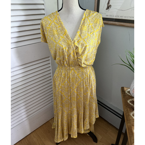 MAEVE ANTHROPOLOGIE Dress Medium Yellow Fete Midi Faux Wrap Feminine Casual - Picture 1 of 12